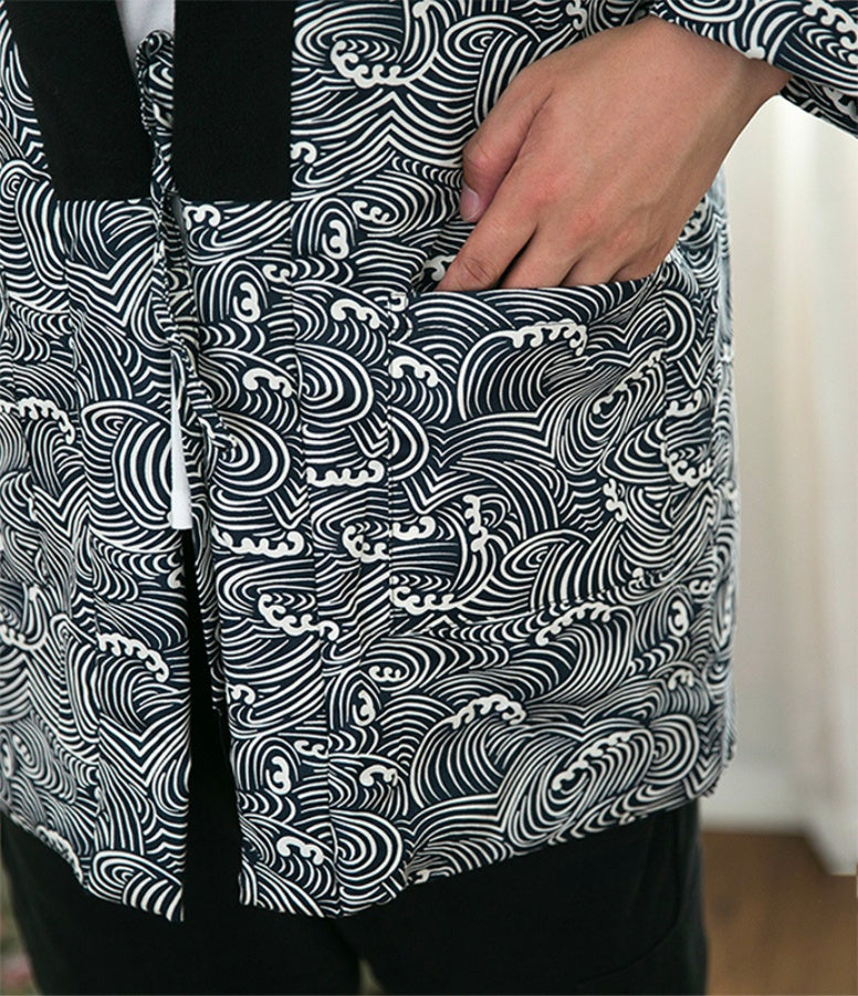 Pocket detail on black hanten, a Japanese jacket for men