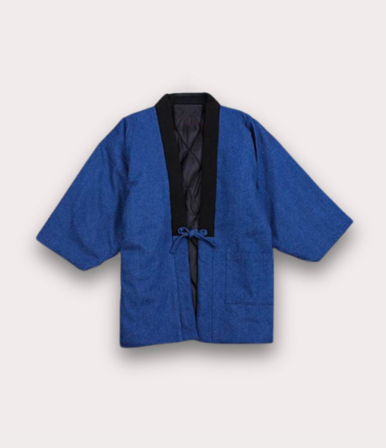 Front view of blue hanten, a warm winter kimono men style from Japan