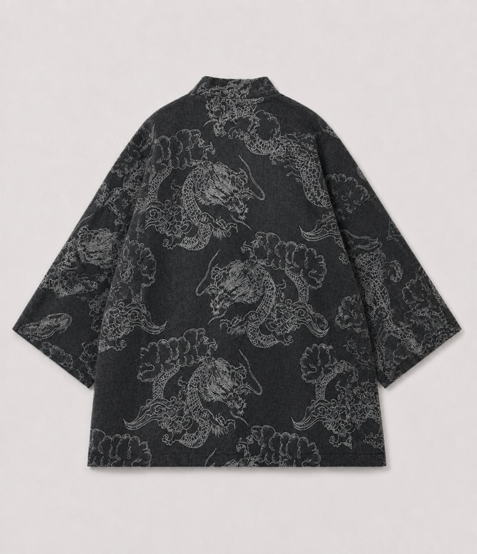 Back of a charcoal dragon-print kimono jacket with cloud motif