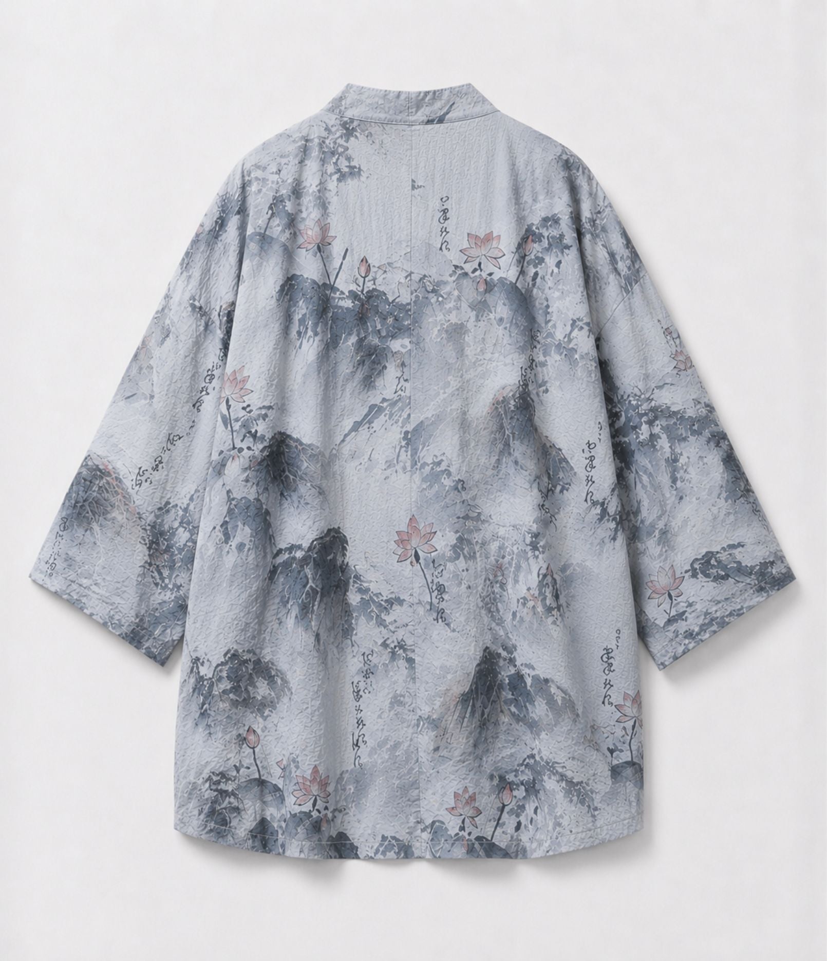 Back of an ink-wash print kimono jacket with mountain and lotus design