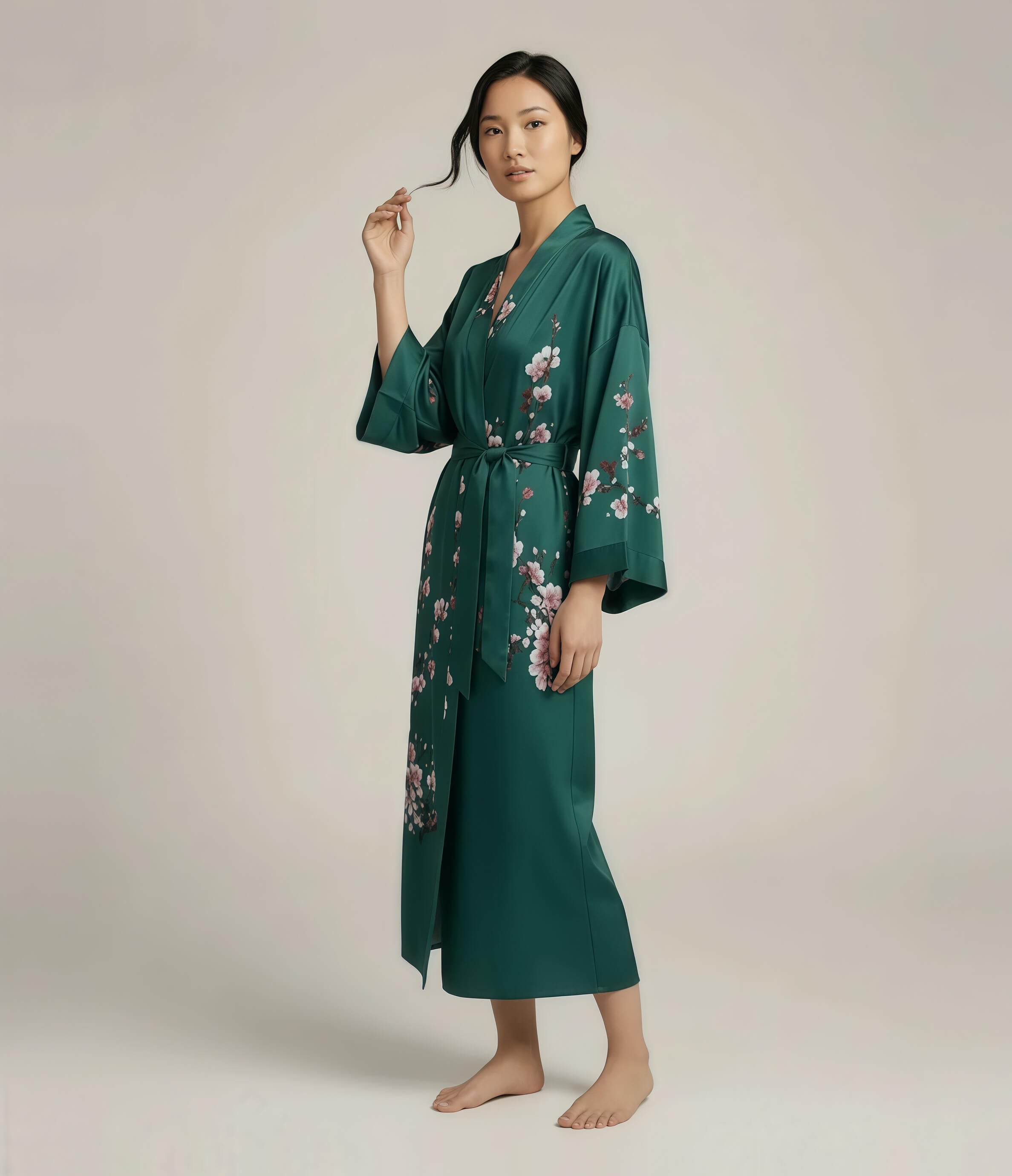 Green Japanese kimono robe for women with cherry blossom sakura print, long elegant loungewear robe with waist belt.