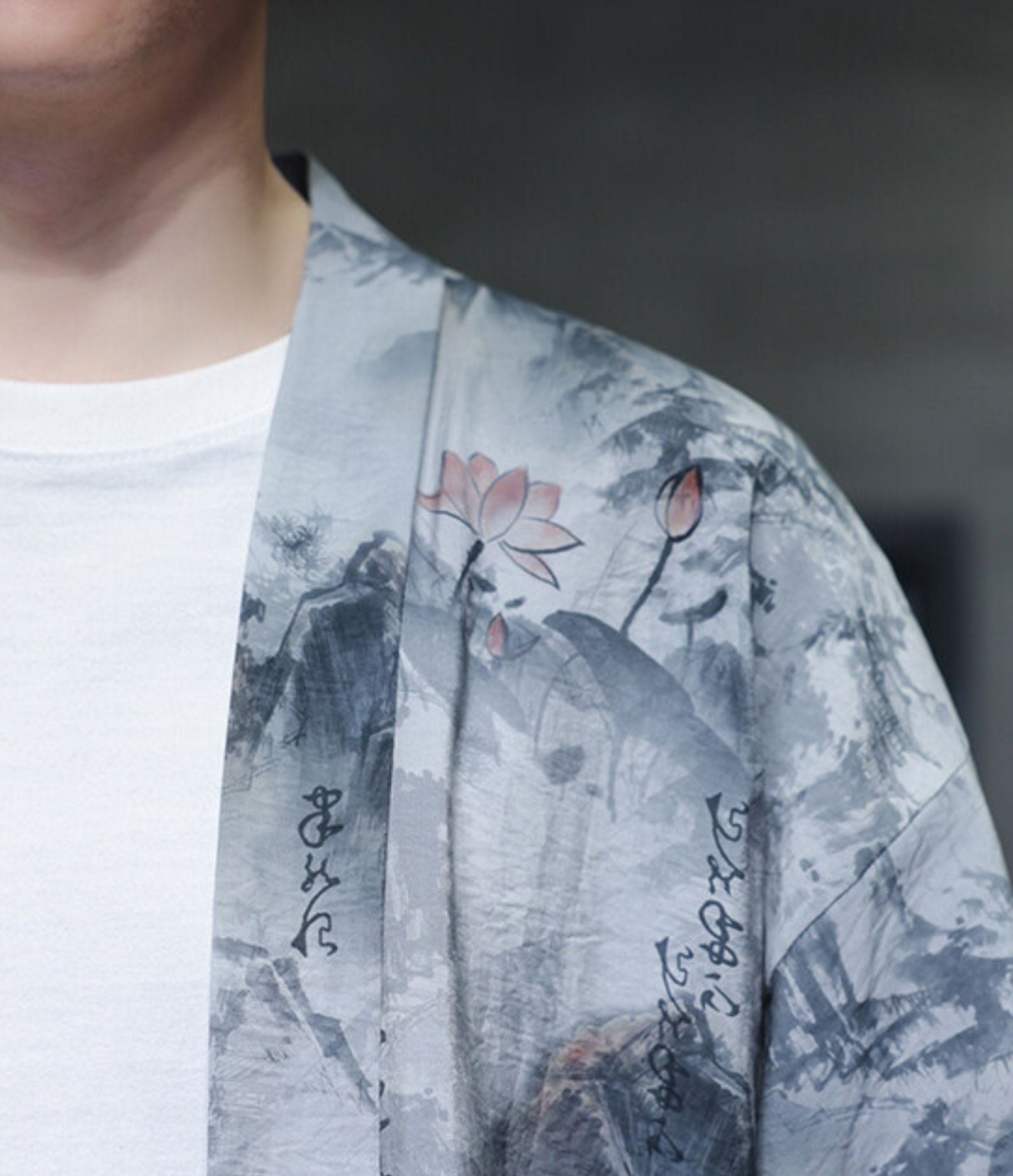 Close-up of the lotus flower and calligraphy print on the haori jacket