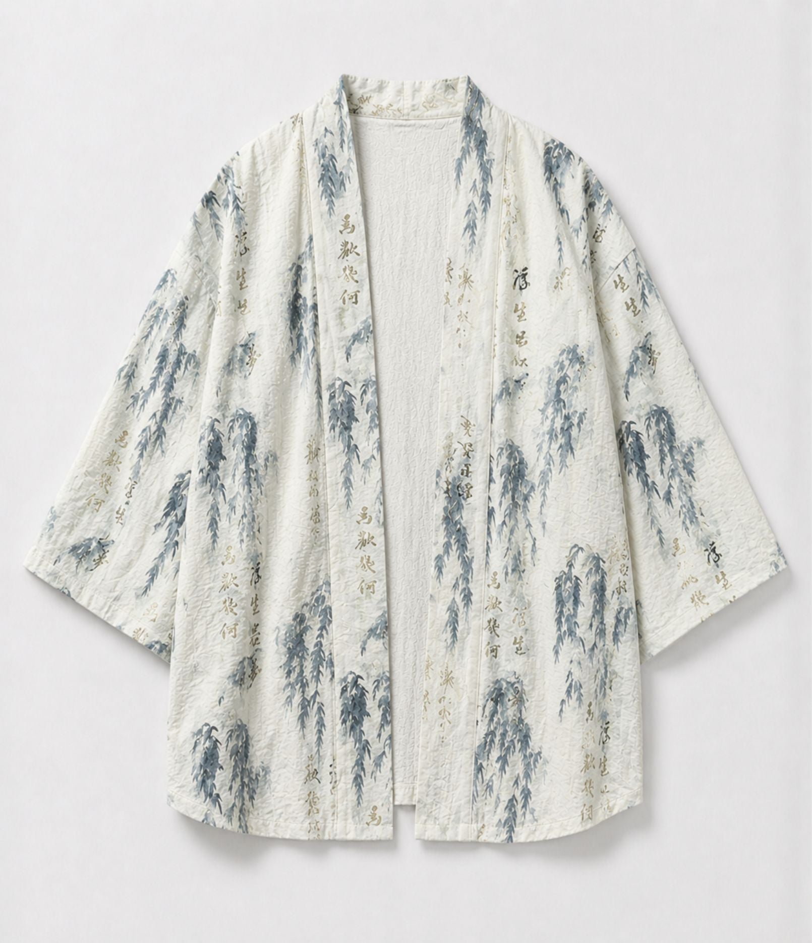 Ivory ink-wash haori jacket with blue willow and calligraphy print, front