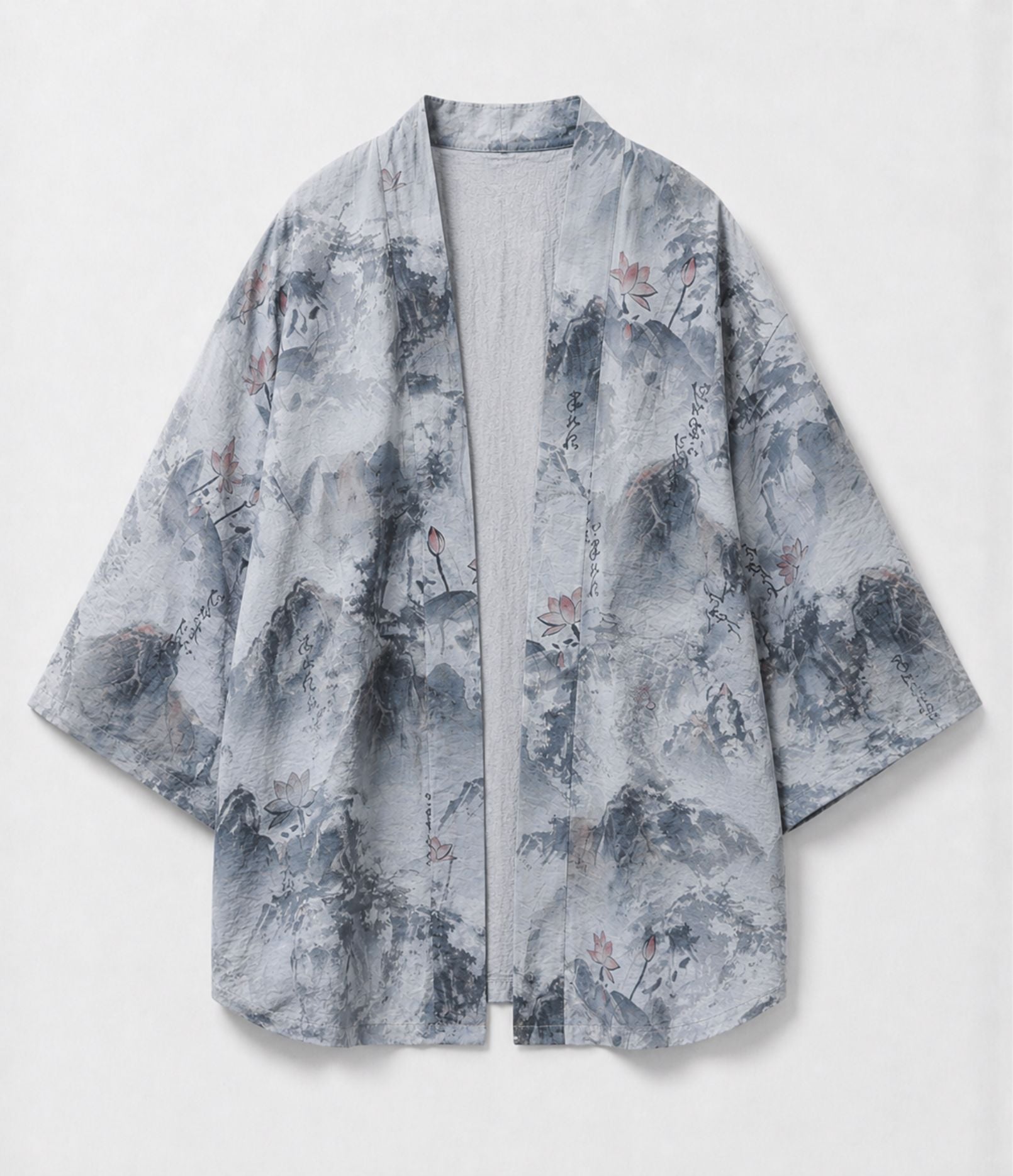 Grey ink-wash landscape print haori jacket with lotus and mountains, front