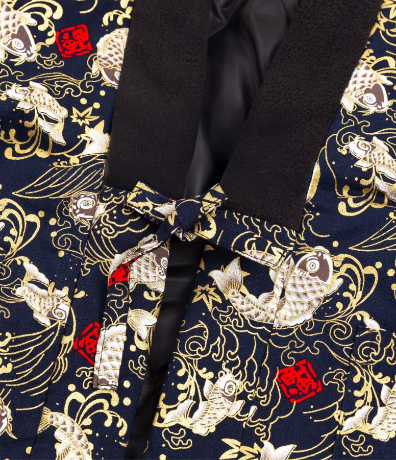 Close-up tie on navy hanten, a Japanese jacket men detail with koi fish