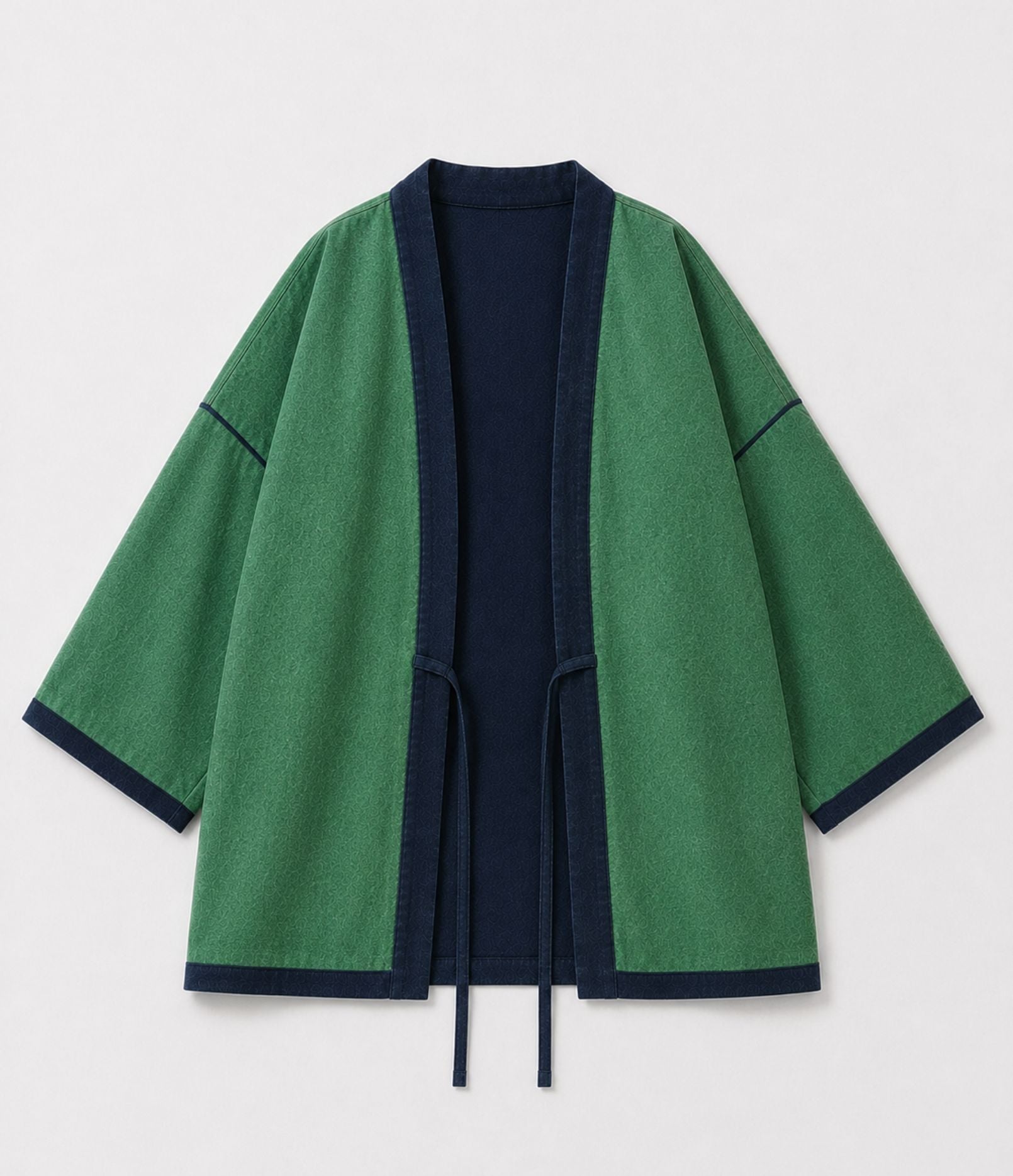 Reversible green and navy haori jacket with tie cords, front view