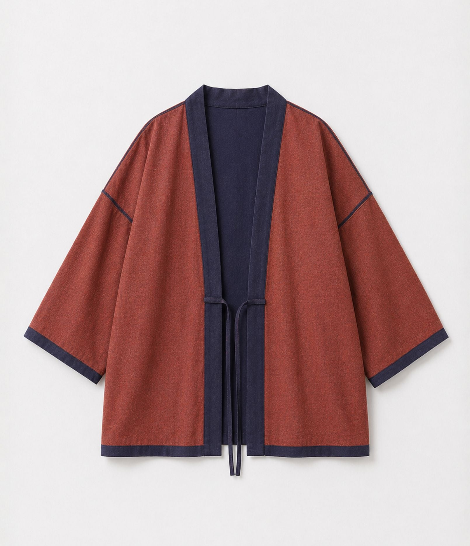 Reversible rust and navy haori jacket with tie cords, front view
