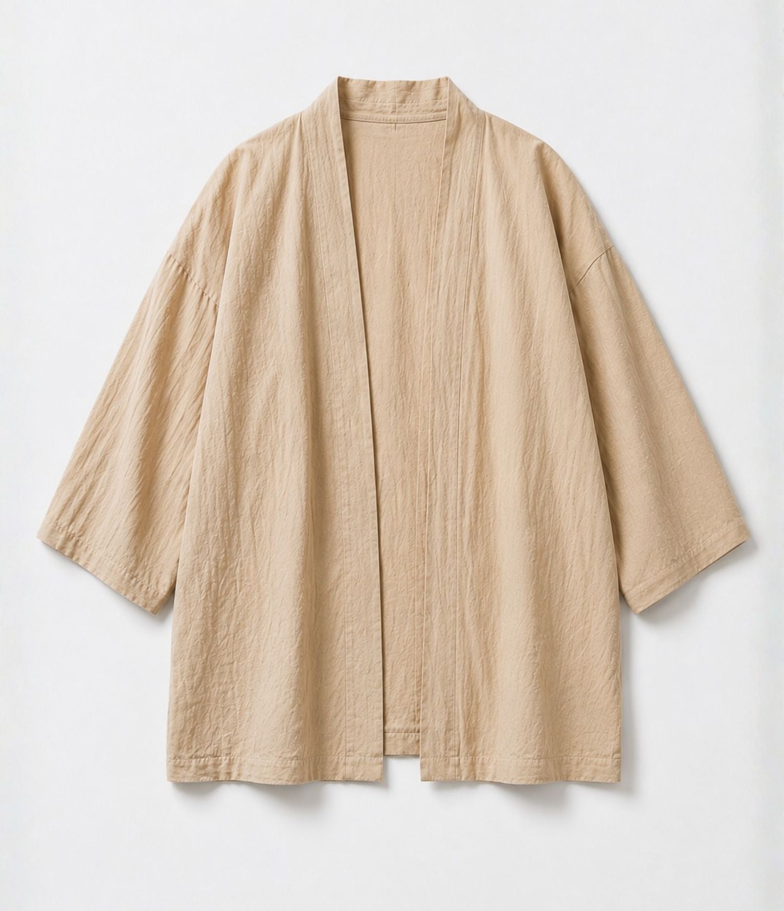 Sand beige unisex haori jacket with open front, flat lay