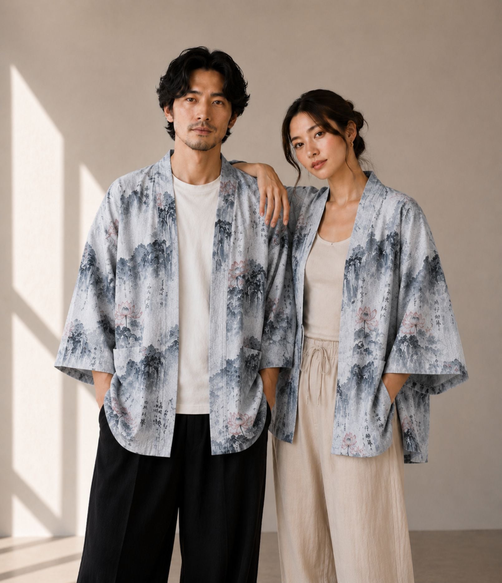 Couple wearing matching grey ink-wash print haori jackets
