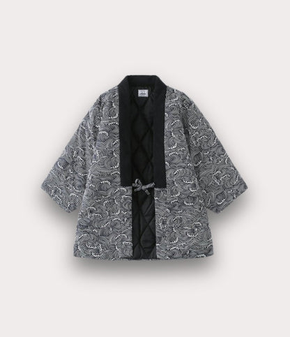 Front view of black hanten, a warm Japanese coat men style