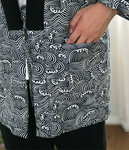 Pocket detail on black hanten, a Japanese jacket  for men