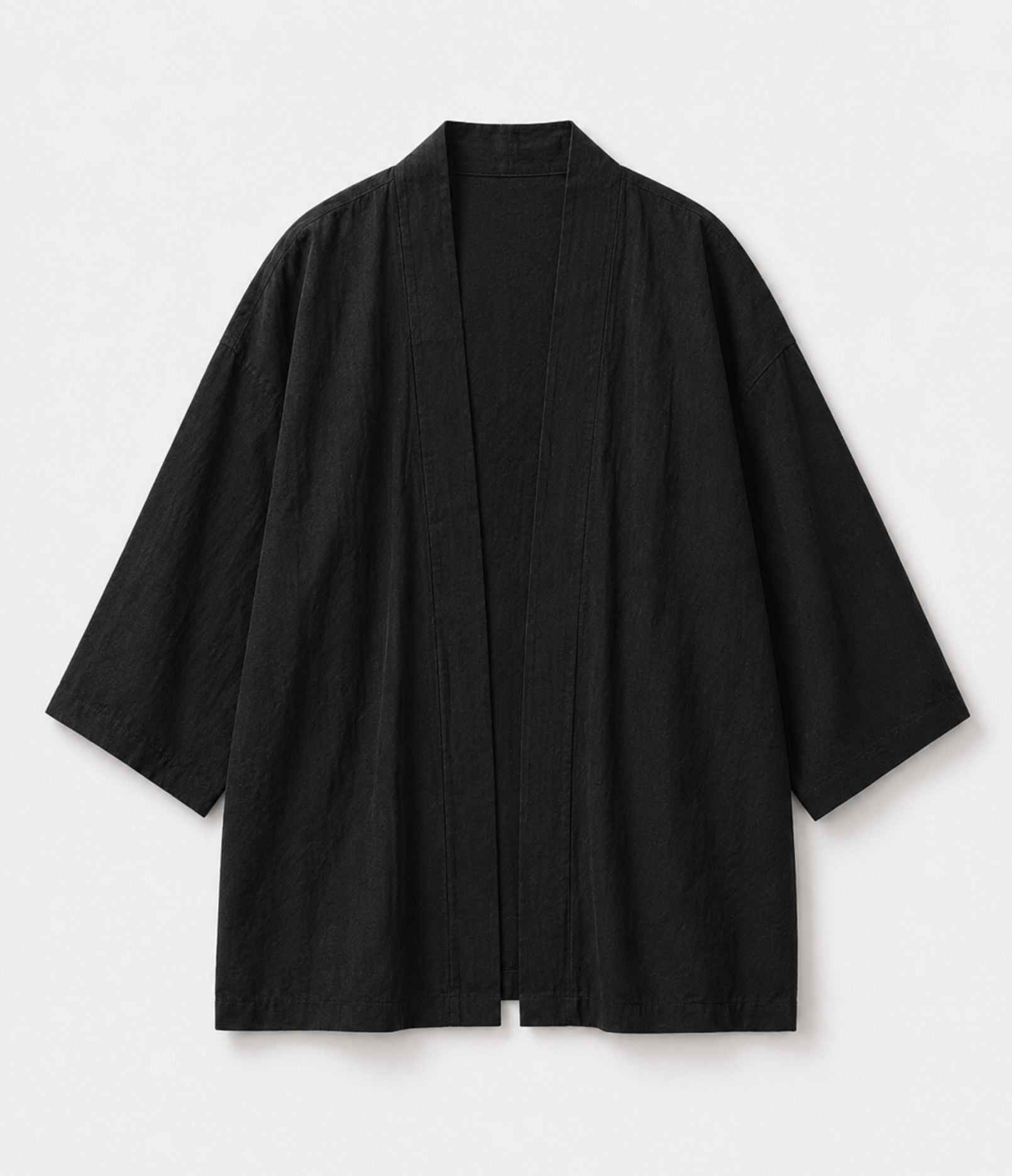 Black haori jacket with open front and wide three-quarter sleeves