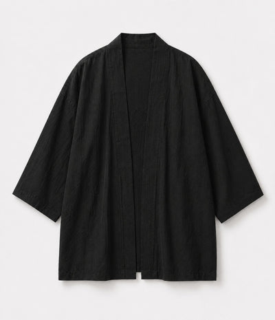 Black haori jacket with open front and wide three-quarter sleeves