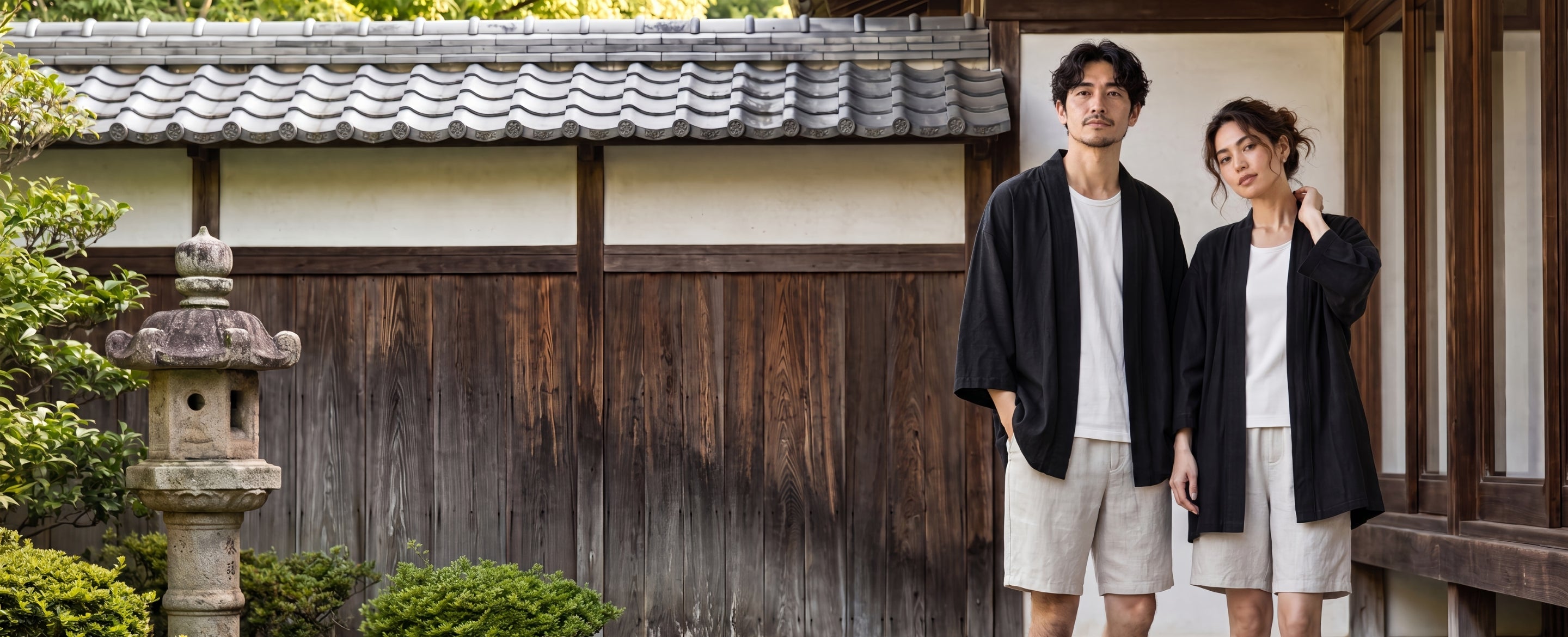 Couple wearing matching black open-front haori jackets over white tops in a Japanese garden