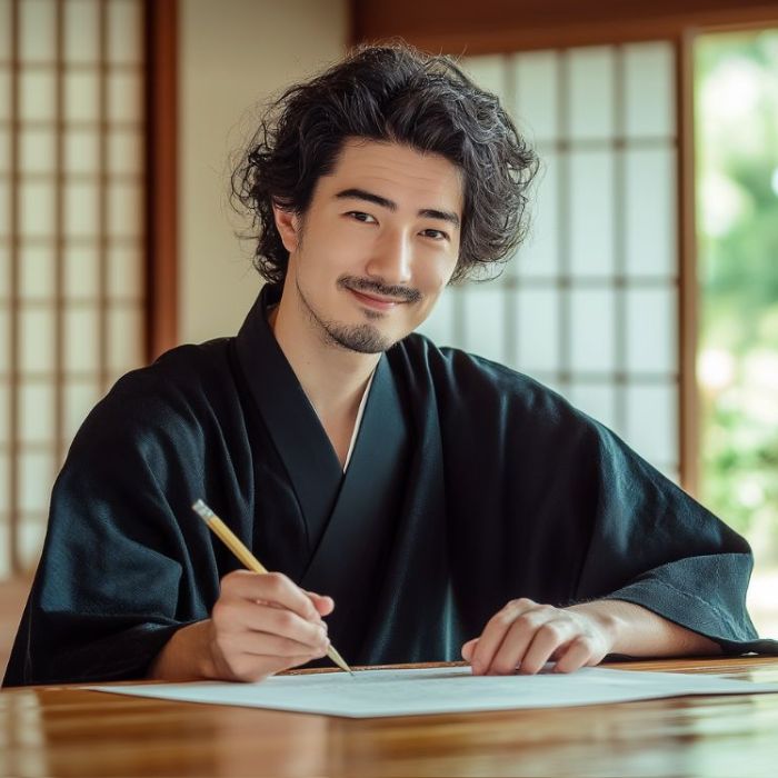 Man in men's jinbei writing with a brush, a Japanese summer kimono style