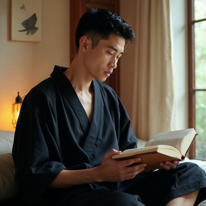 Man wearing men's jinbei reading a book indoors, a casual Japanese summer outfit