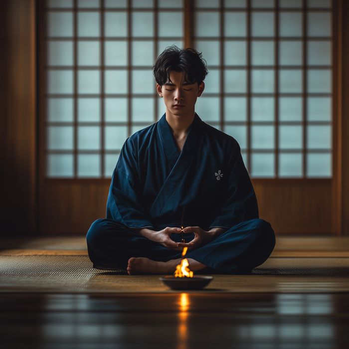 Man meditating in men's jinbei, a lightweight summer kimono style