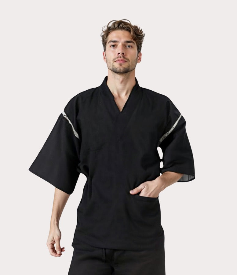 Front view of black jinbei set, a casual men’s kimono style for Japanese summer