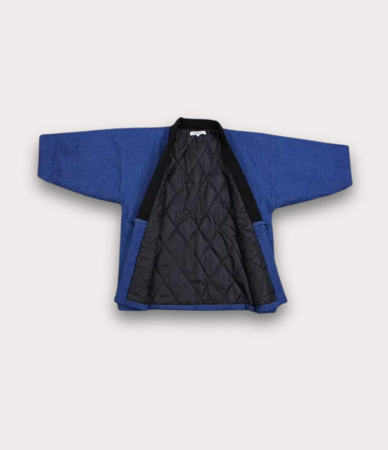 Open arms of blue hanten, a traditional Japanese hanten coat for men