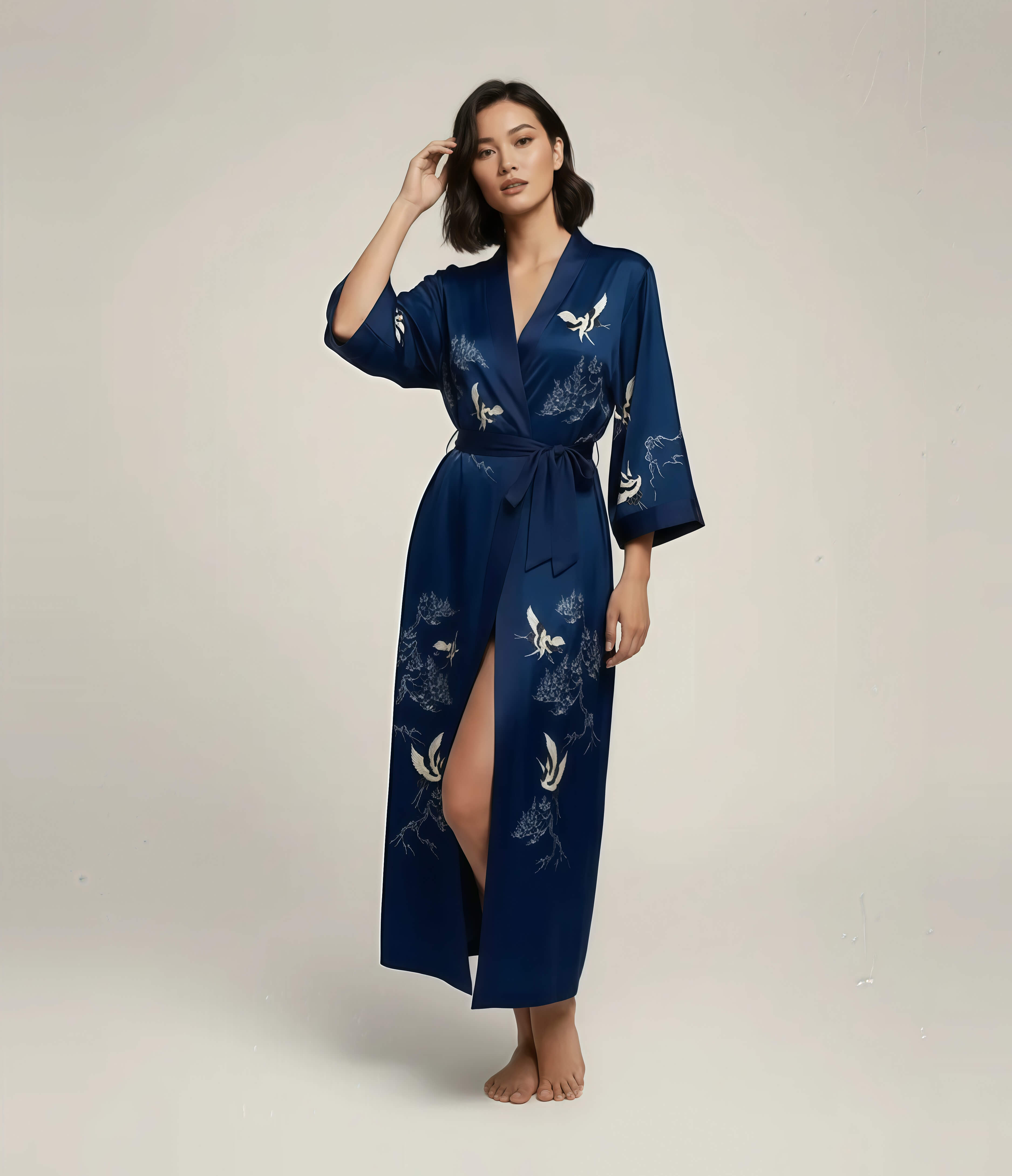 Blue Japanese kimono robe for women with white crane pattern, long satin loungewear robe with belt.