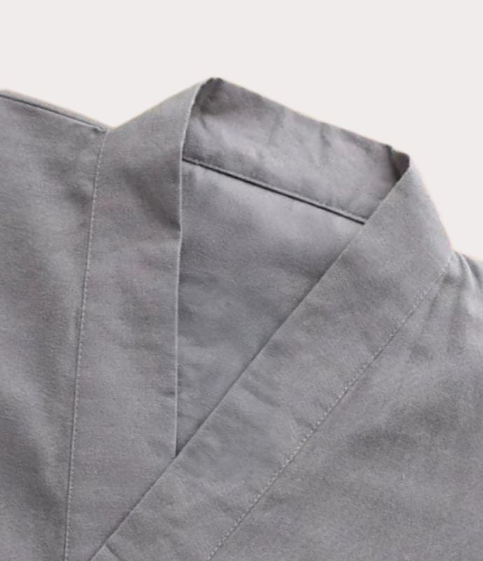 Close-up of samue collar, a simple Japanese loungewear for men