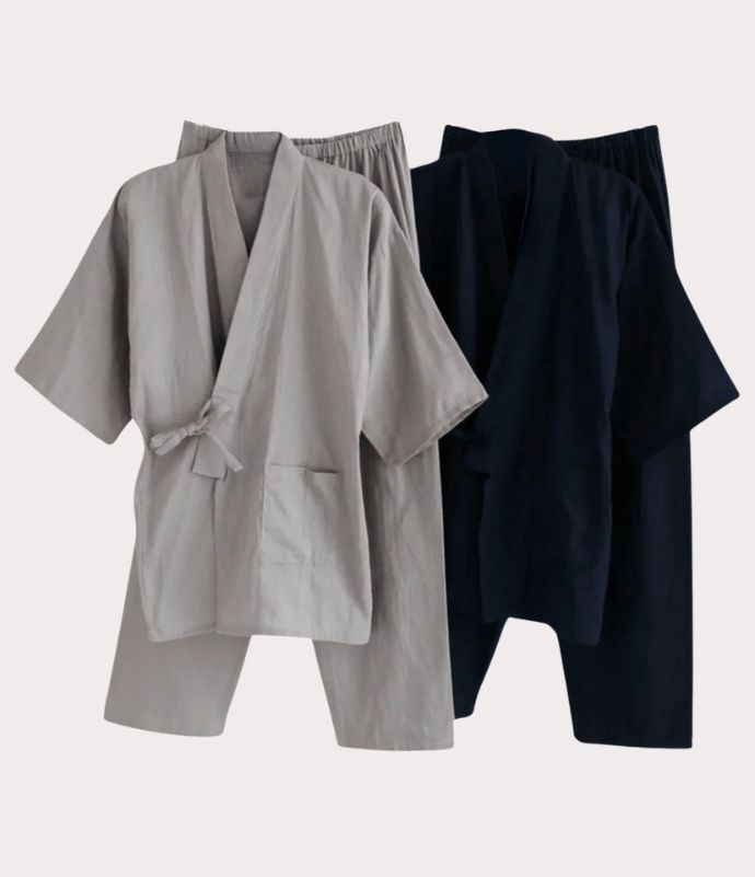 Two samue sets gray and navy, ideal for men's traditional Japanese pajamas