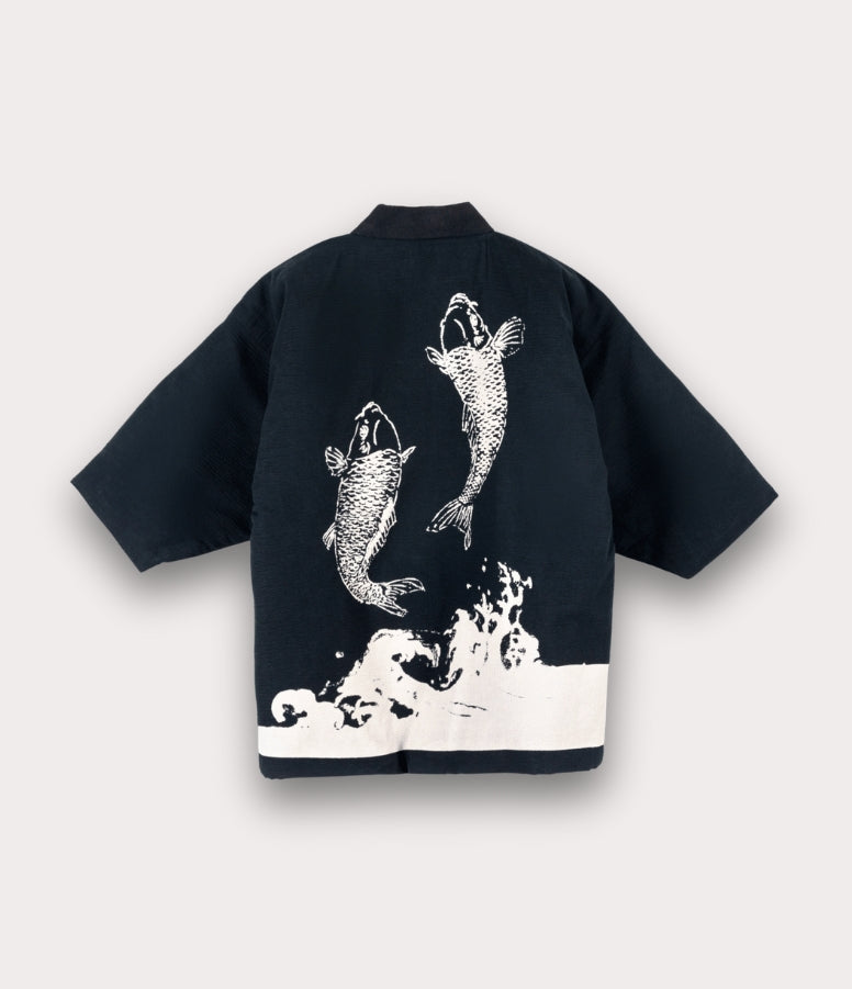 Back design of dark navy hanten with koi fish, a Japanese winter kimono style