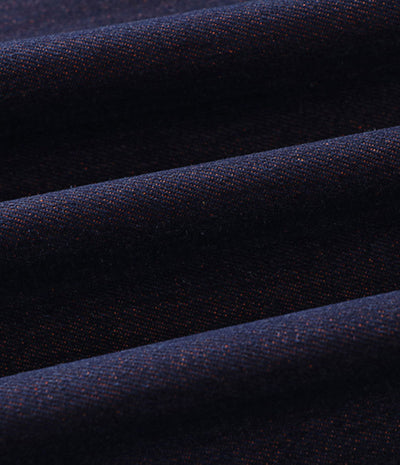 Close-up of indigo denim fabric of the reversible haori jacket