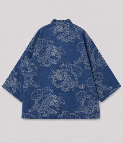 Back of an indigo denim dragon-print kimono jacket with cloud motif