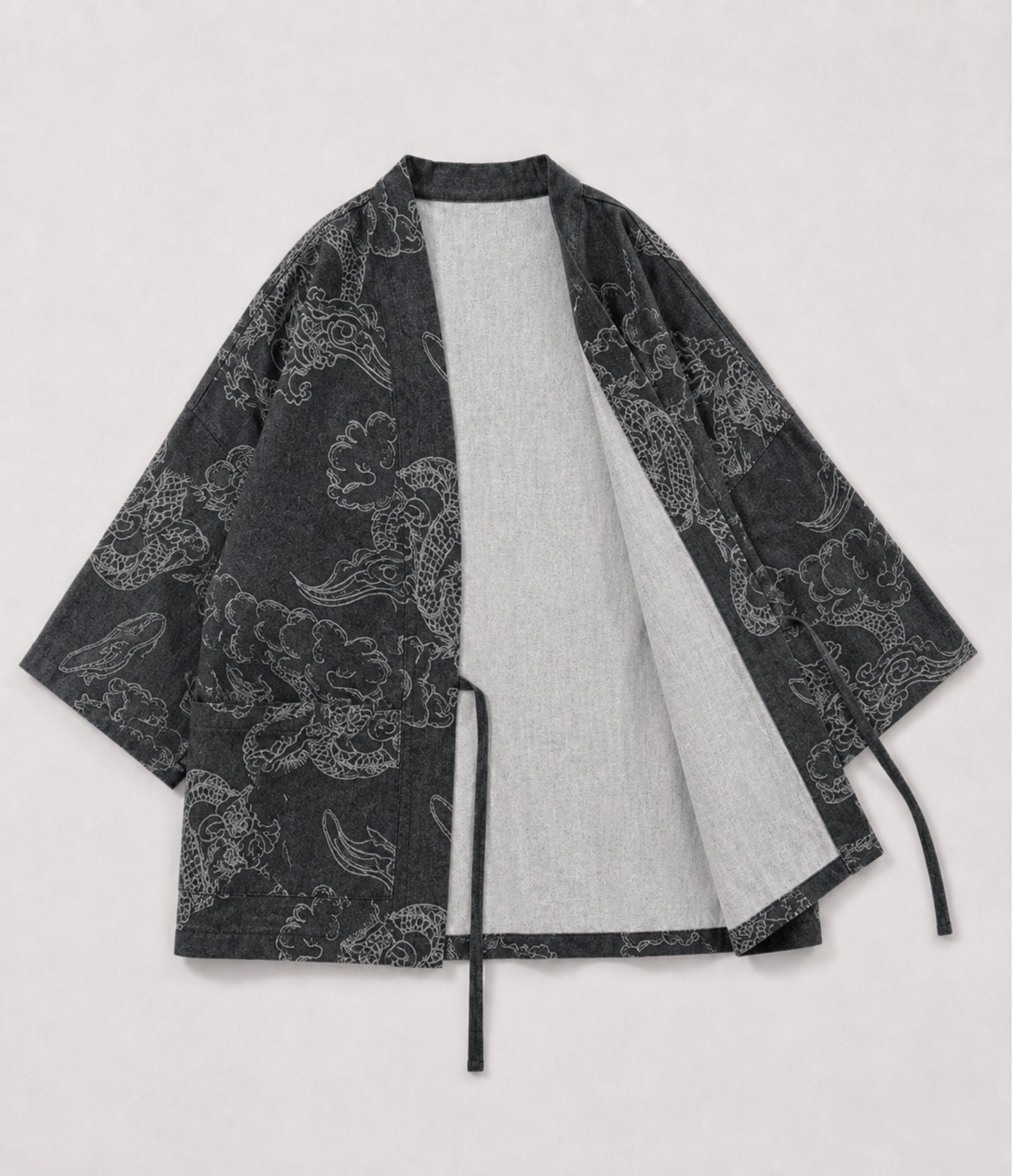 Charcoal haori jacket with white dragon and cloud print and tie cords, front