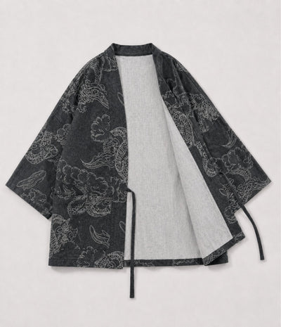 Charcoal haori jacket with white dragon and cloud print and tie cords, front