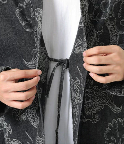 Close-up of the himo tie cords on the charcoal dragon-print haori