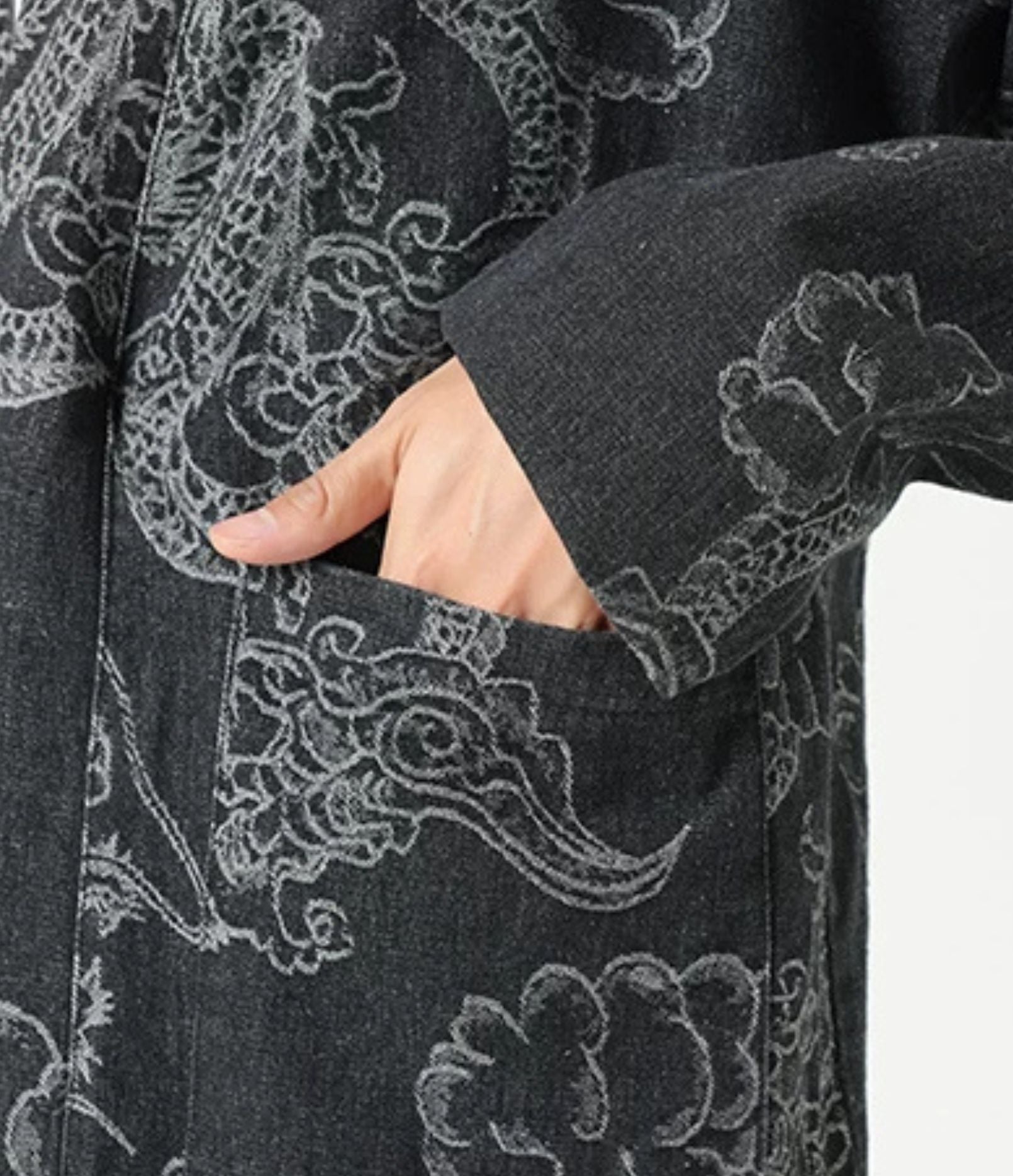 Close-up of the patch pocket and dragon print on the haori jacket sleeve