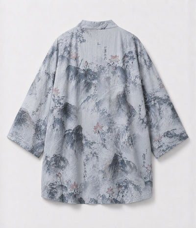 Back of an ink-wash print kimono jacket with mountain and lotus design