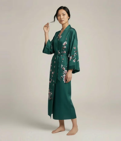 Green Japanese kimono robe for women with cherry blossom sakura print, long elegant loungewear robe with waist belt.