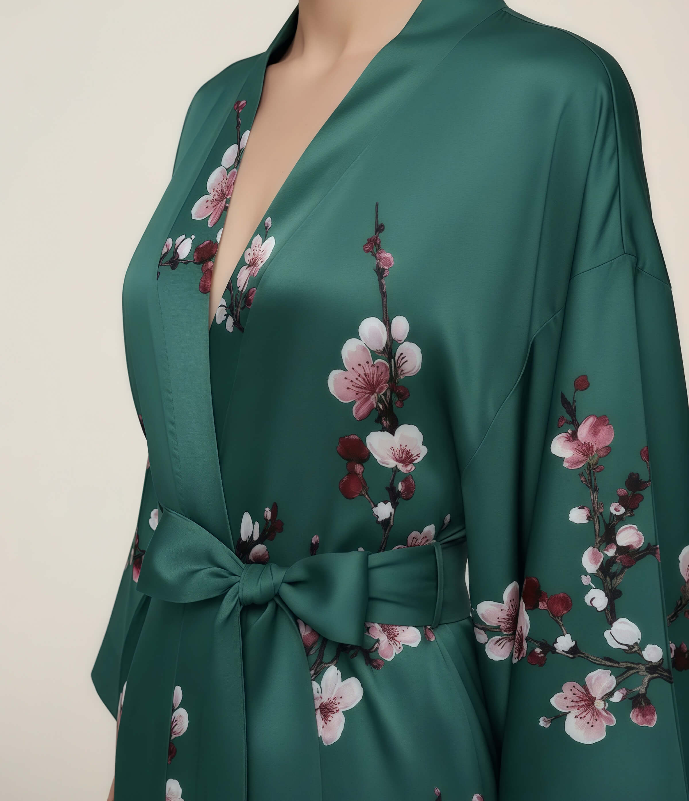 Detail of a green Japanese kimono robe for women featuring pink sakura cherry blossom print and satin fabric with waist belt.