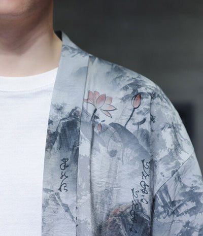 Close-up of the lotus flower and calligraphy print on the haori jacket