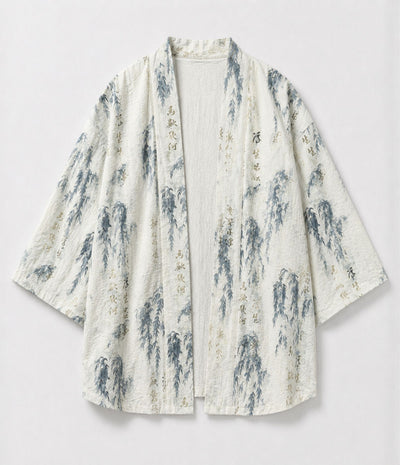 Ivory ink-wash haori jacket with blue willow and calligraphy print, front