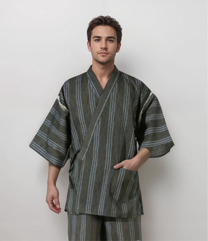 Front view of men's jinbei set, a Japanese summer outfit with stripes