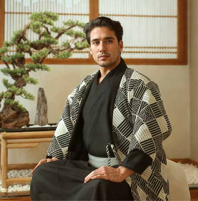 a man wear a hanten in a japanese house