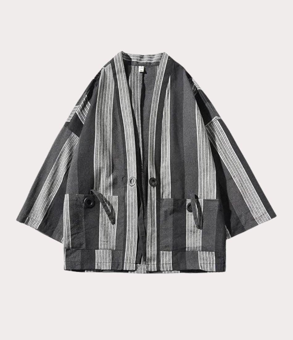 Manteau kimono japonais pour homme, haori rayé gris et noir traditionnel