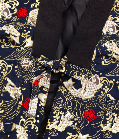 Close-up tie on navy hanten, a Japanese jacket men detail with koi fish