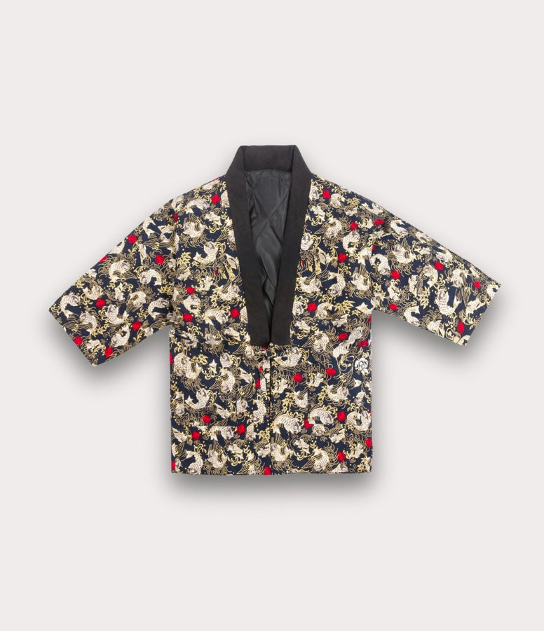 Front view of navy hanten with gold koi fish, a Japanese coat men style