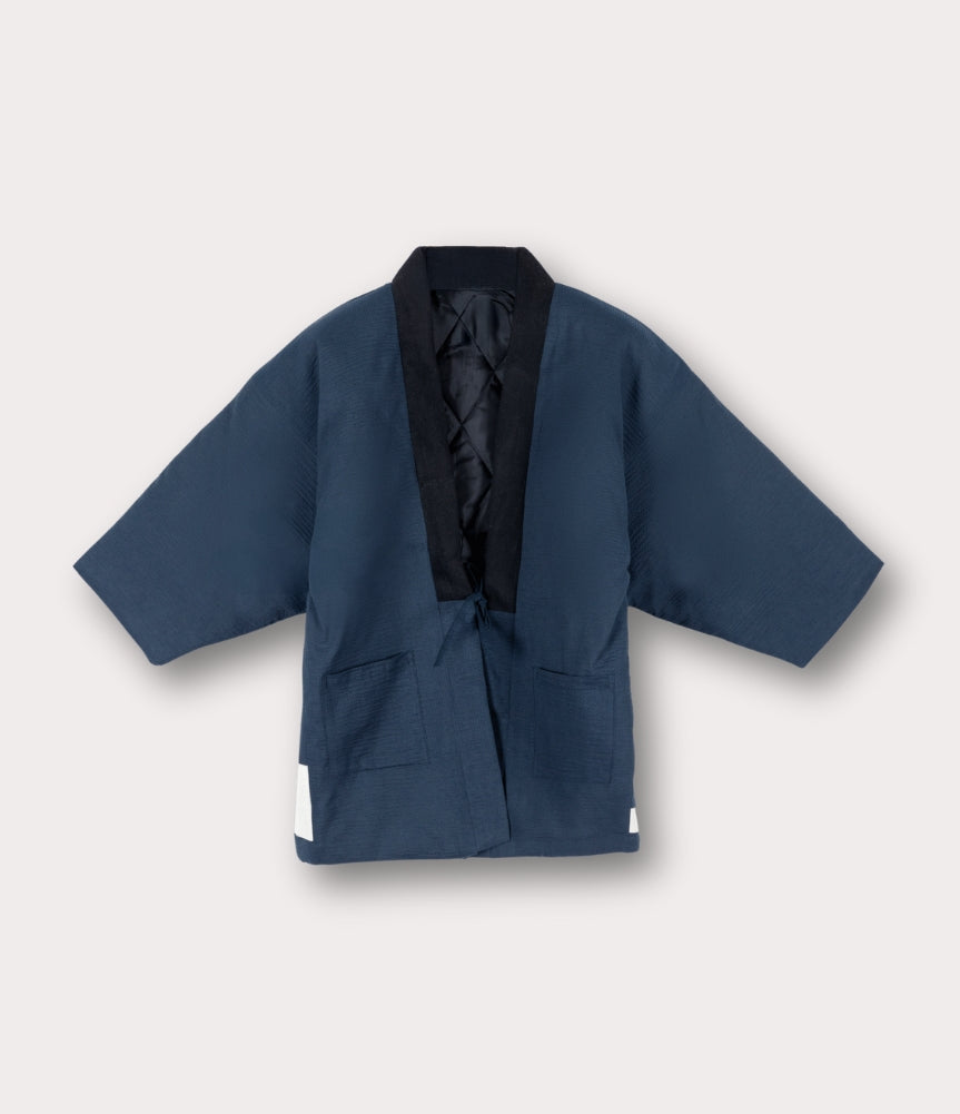 Front view of navy hanten, a kimono coat men style for winter