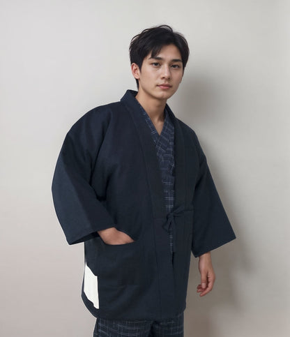 Man wearing navy hanten, a winter kimono men style from Japan