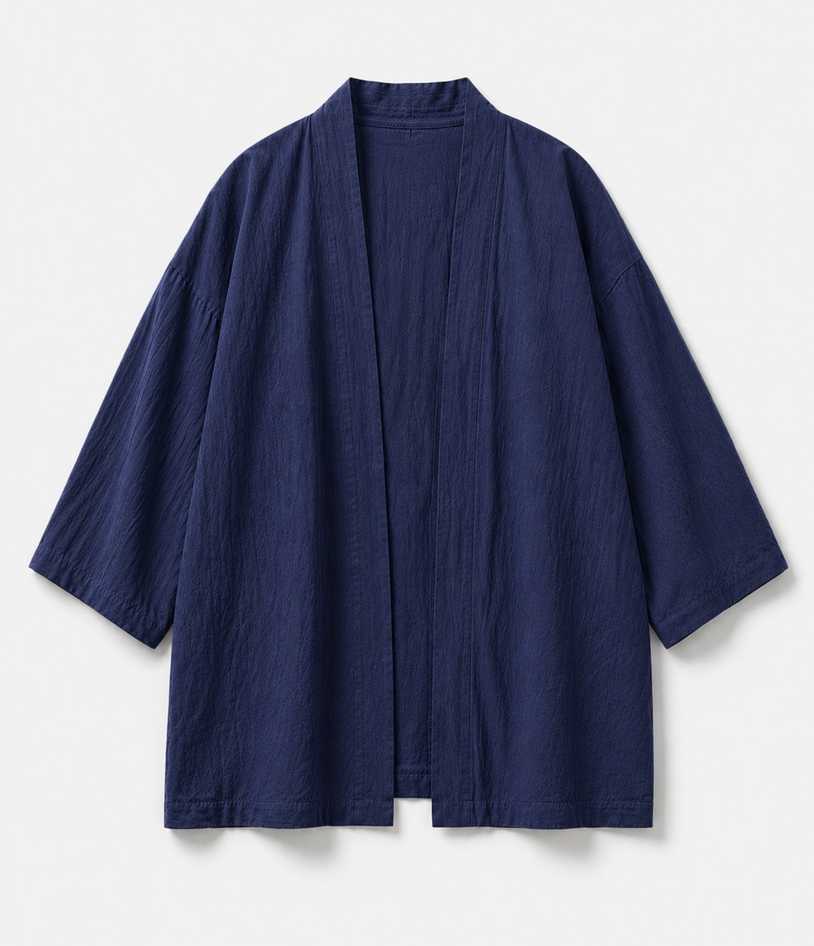Navy blue haori jacket with open front and wide three-quarter sleeves