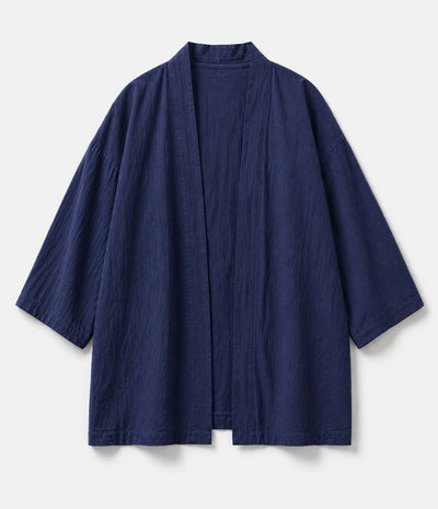 Navy blue haori jacket with open front and wide three-quarter sleeves
