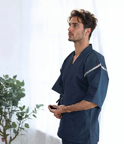 Side view of jinbei outfit with shorts, a casual men's Japanese clothing style