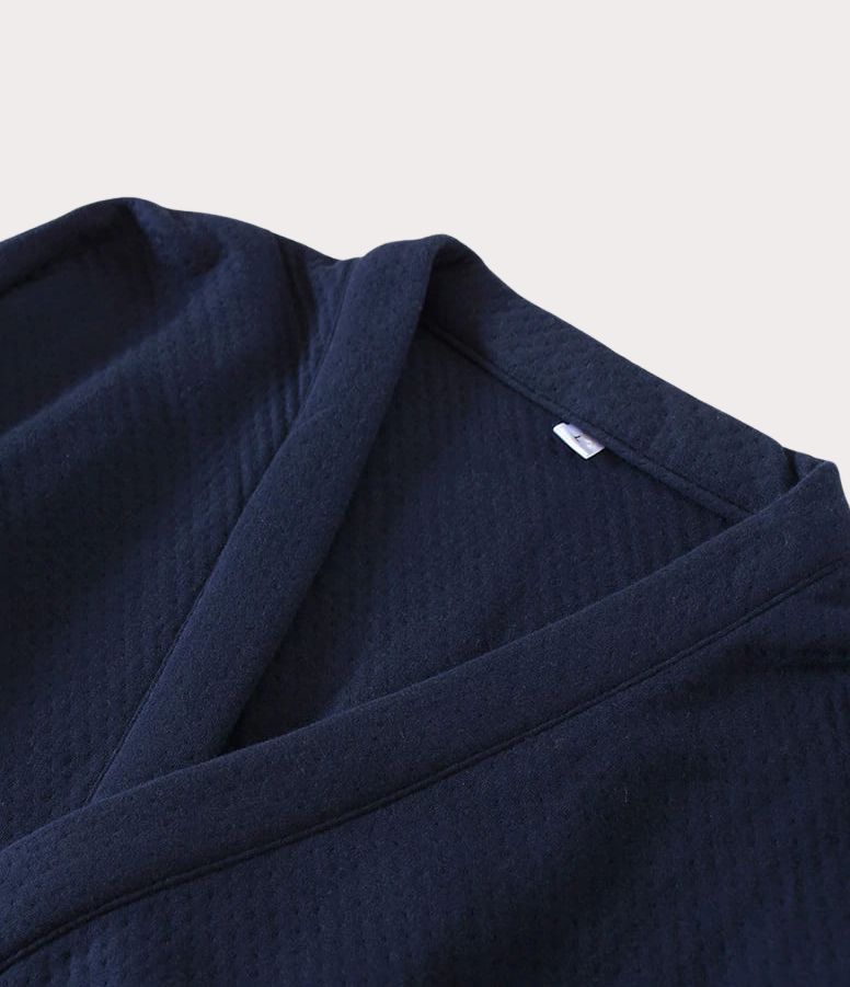 Close-up of samue top collar, showcasing Japanese cotton pajamas detail