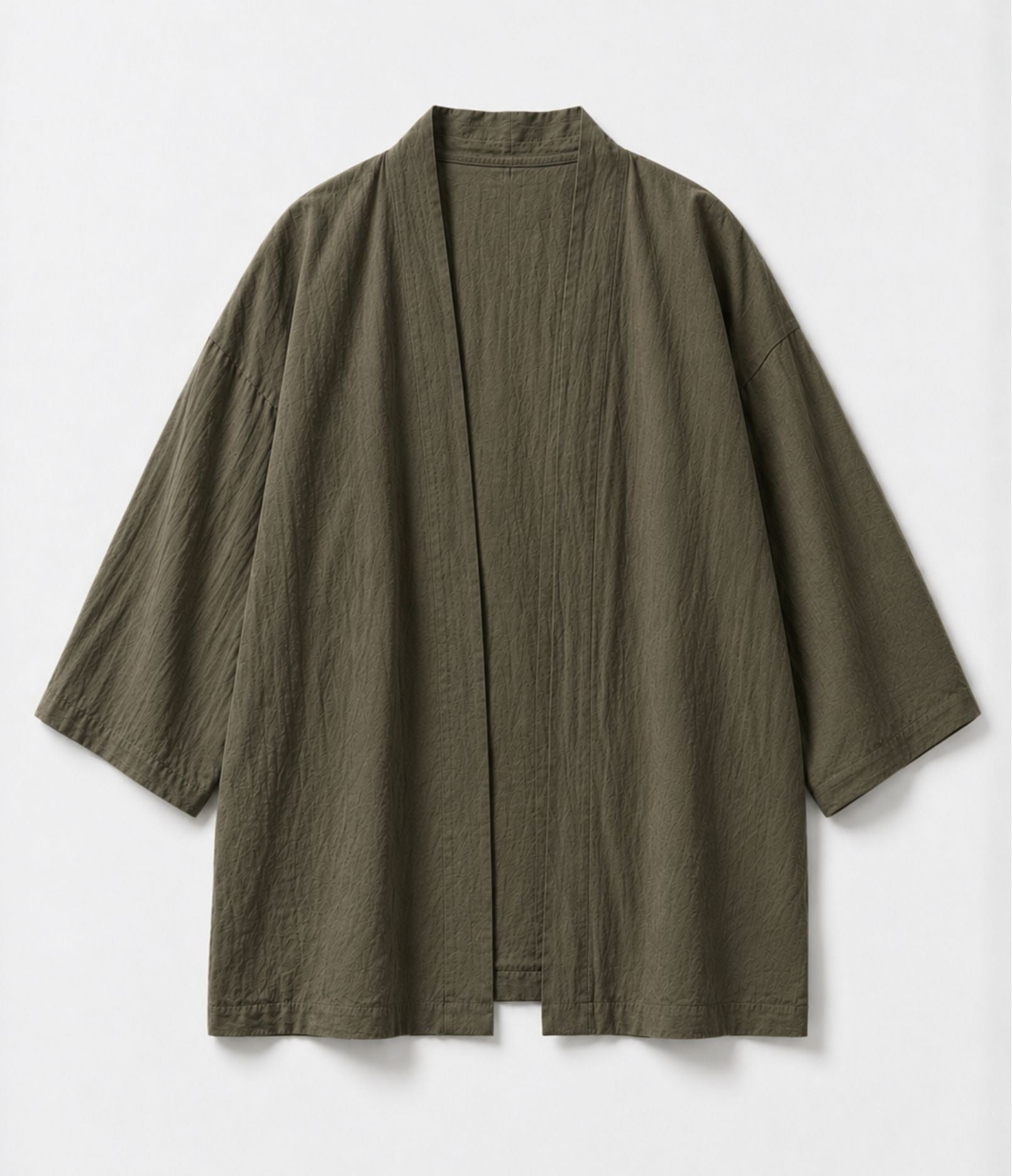 Olive green haori jacket with open front and wide three-quarter sleeves